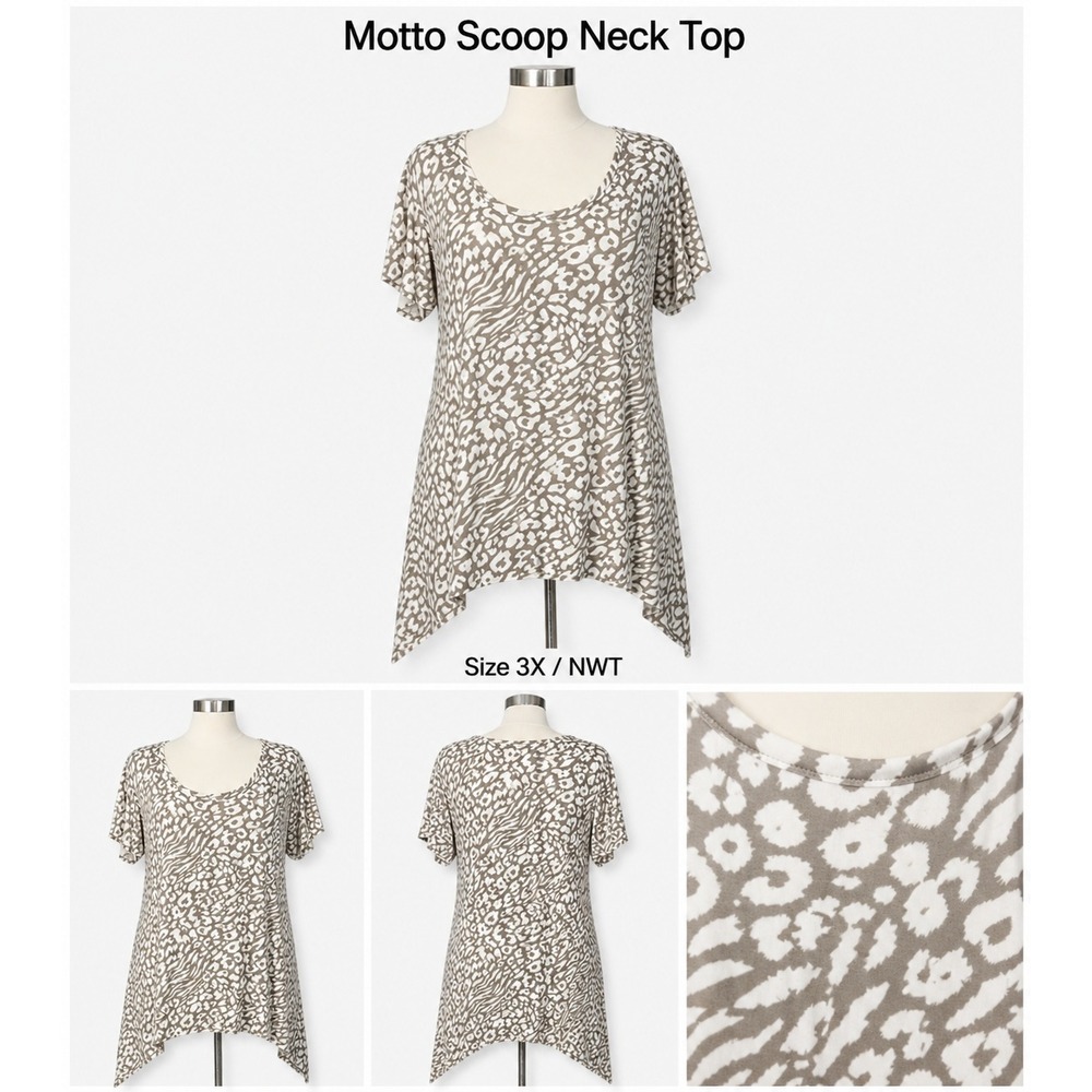 Motto Asymmetrical Hem Tee Light Taupe Animal Print Scoop‎ Neck Plus Size 3X NWT